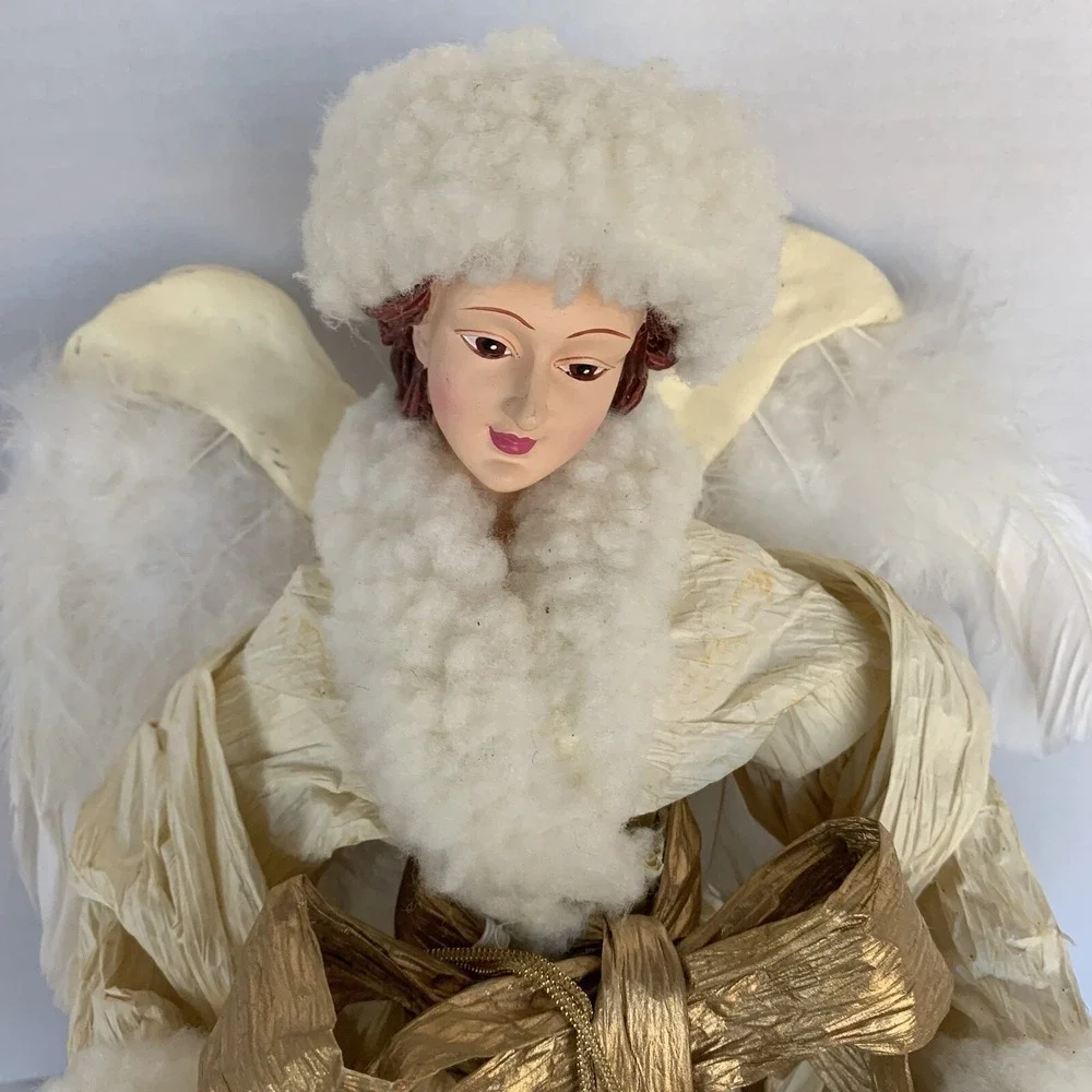 Vtg Paper Mache Fabric Faux Fur Angel Tree Topper Table Decor Cream Gold 16
